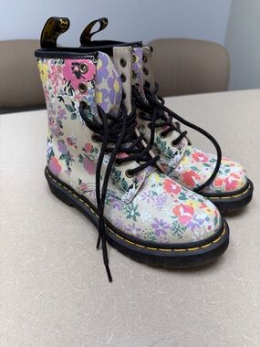 Dr. Martens Floral Print Combat Boots in Cream with Multi-Color Flowers